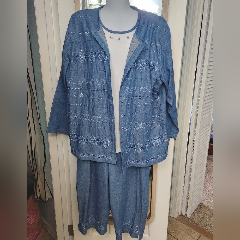 Blue Embroidered Three Piece Denim Jacket and Pants Set